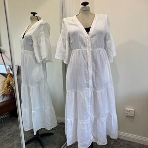 SAKS FIFTH AVENUE White Button-Front Tiered Maxi Dress -M